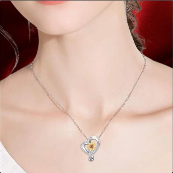 NEW Silver Stylized Heart with Sunflower Gold Petals and Amber Crystals Necklace - Picture 3 of 8